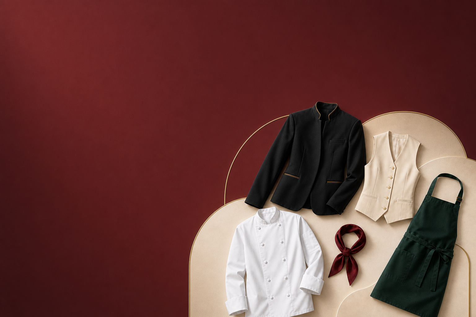 Black, cream, white, burgundy and green hospitality garments