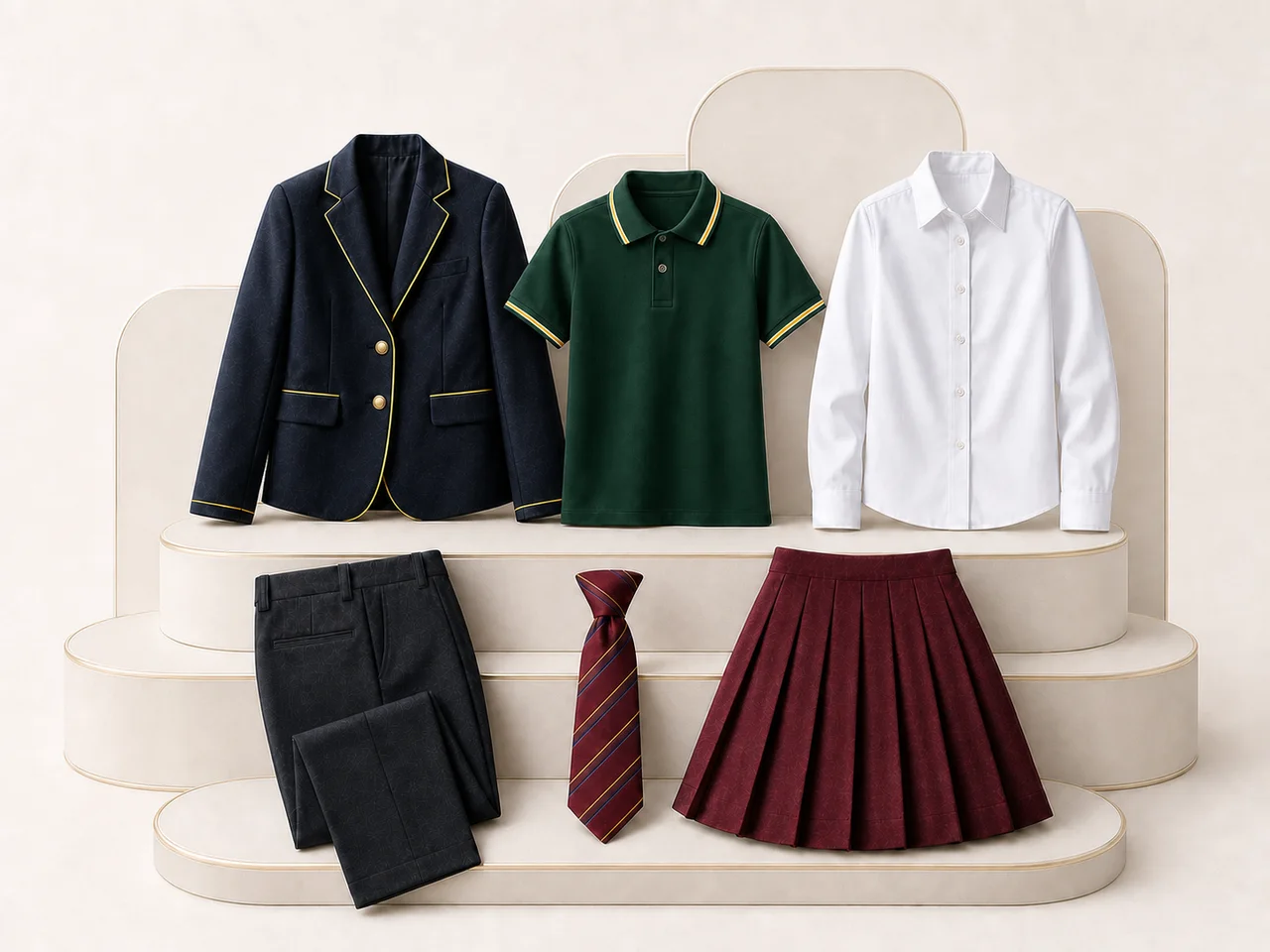 Navy blazer, bottle-green polo shirt, white shirt, dark trousers, burgundy skirt and striped school tie